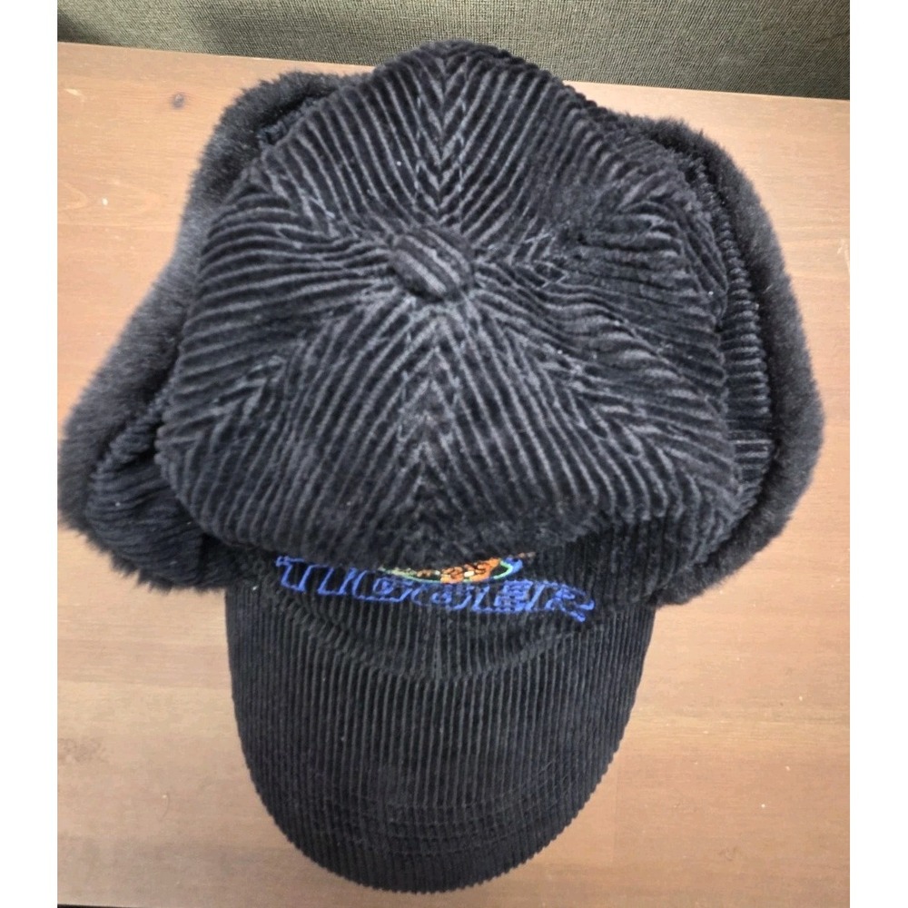 Disney Store Tigger Hat Adult Black Faux Fur Flap Cap Embroider Corduroy - Picture 2 of 6